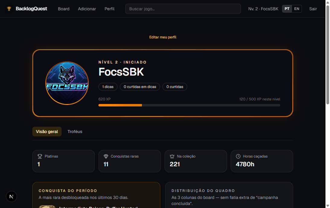 Prévia de um perfil público BacklogQuest com XP e estatísticas de progresso